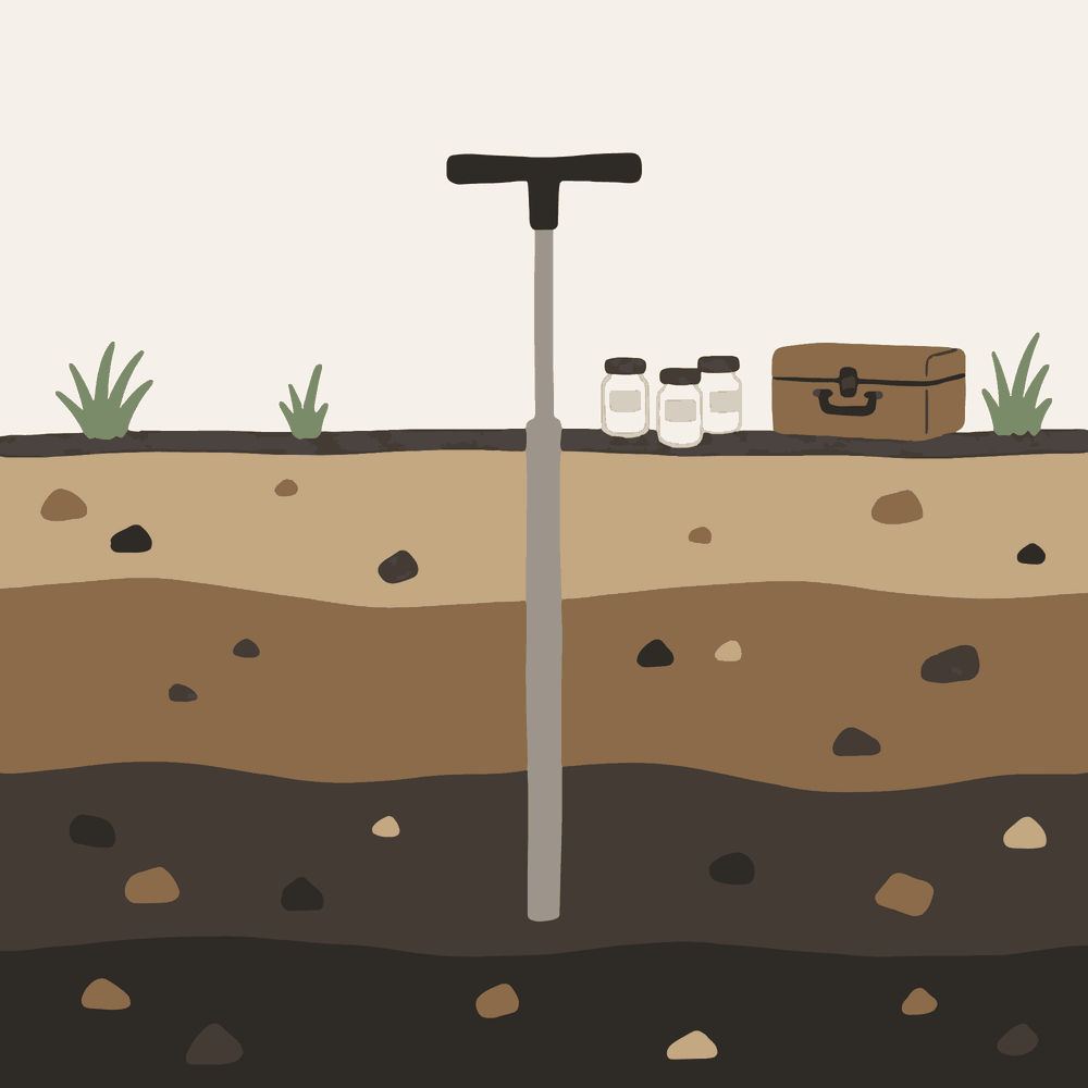 Cutaway of soil layers with a sampling tube and sample jars