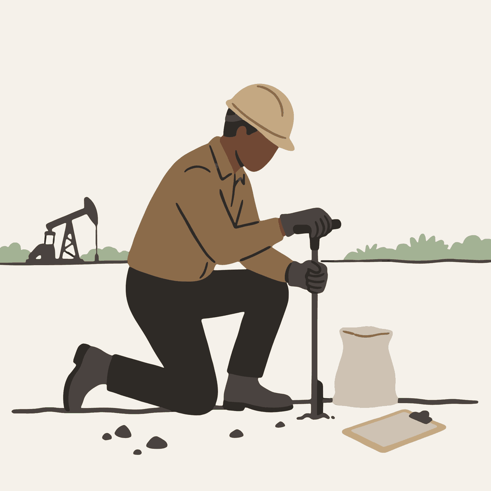 Field specialist kneeling to take a soil sample