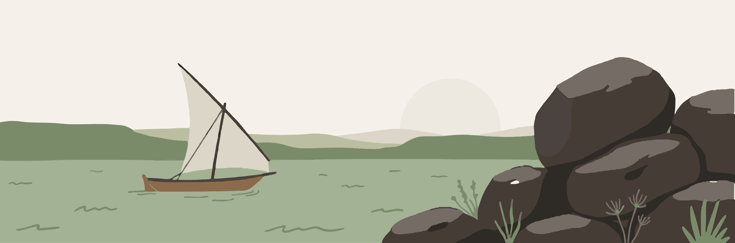 Lake shore with granite boulders and a sailing fishing boat