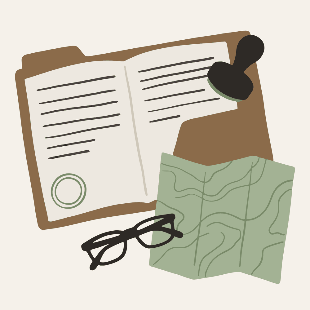 Permit file with a stamp, a site map and reading glasses