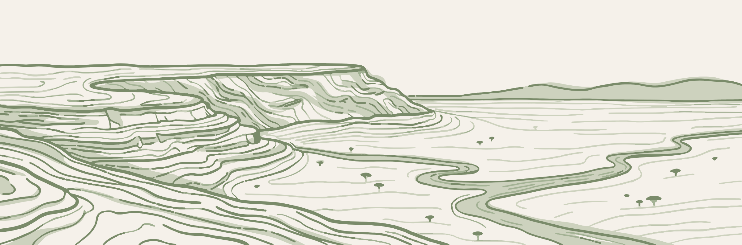 An African landscape drawn in contour lines: a plateau and escarpment above a river plain