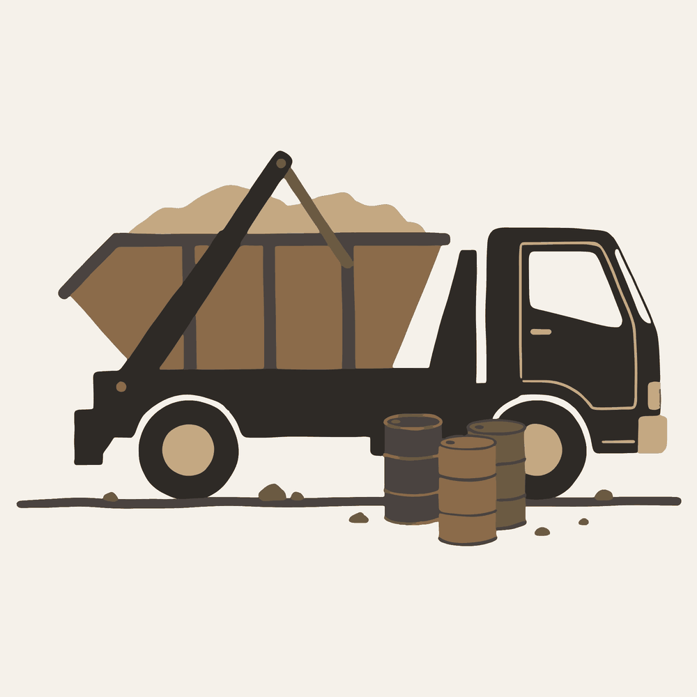 Skip truck carrying drill cuttings, with steel drums